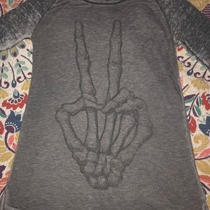 Skeleton peace hand burnout shirt